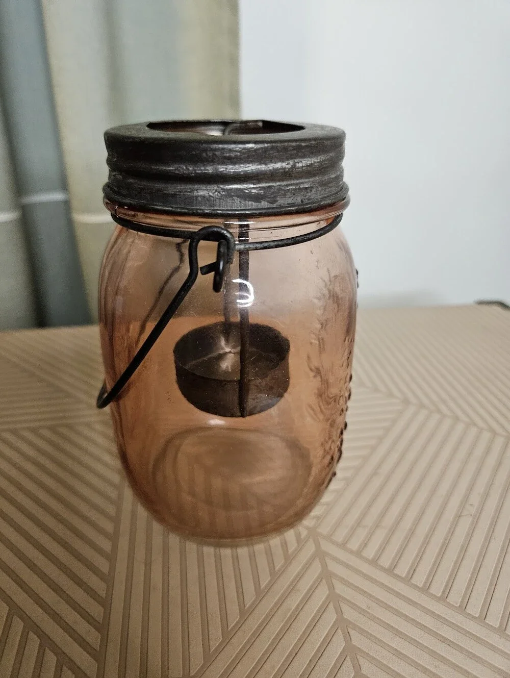 Pink Amber Glass Mason Jar Tealight Candle Holder with Metal Handle